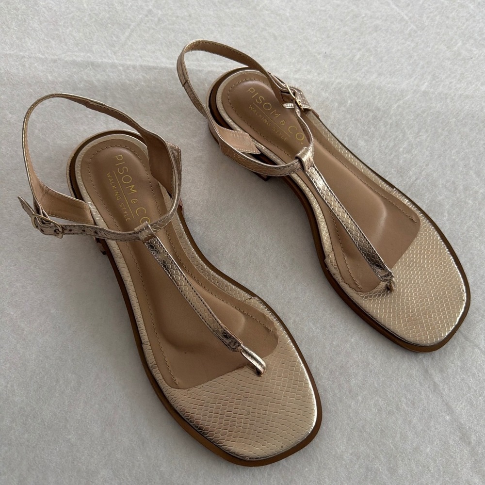 Pisom & Co Womens Rose Gold Snake Embossed T-Strap Block Heel Sandals‎ Size 8B